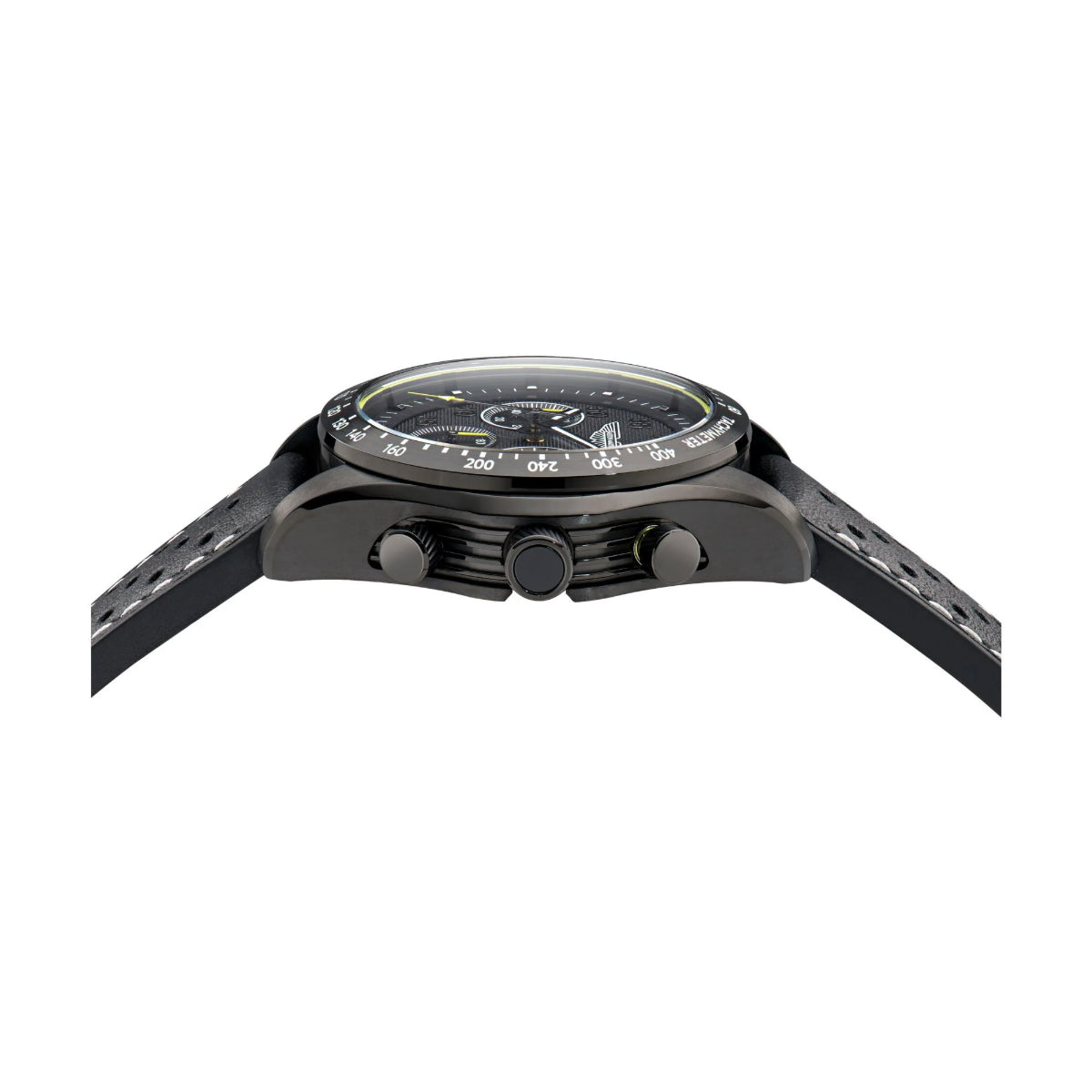 Black wristwatch with detailed face on a white background