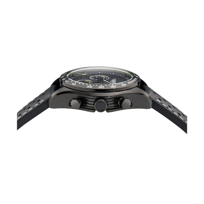 Black wristwatch with detailed face on a white background
