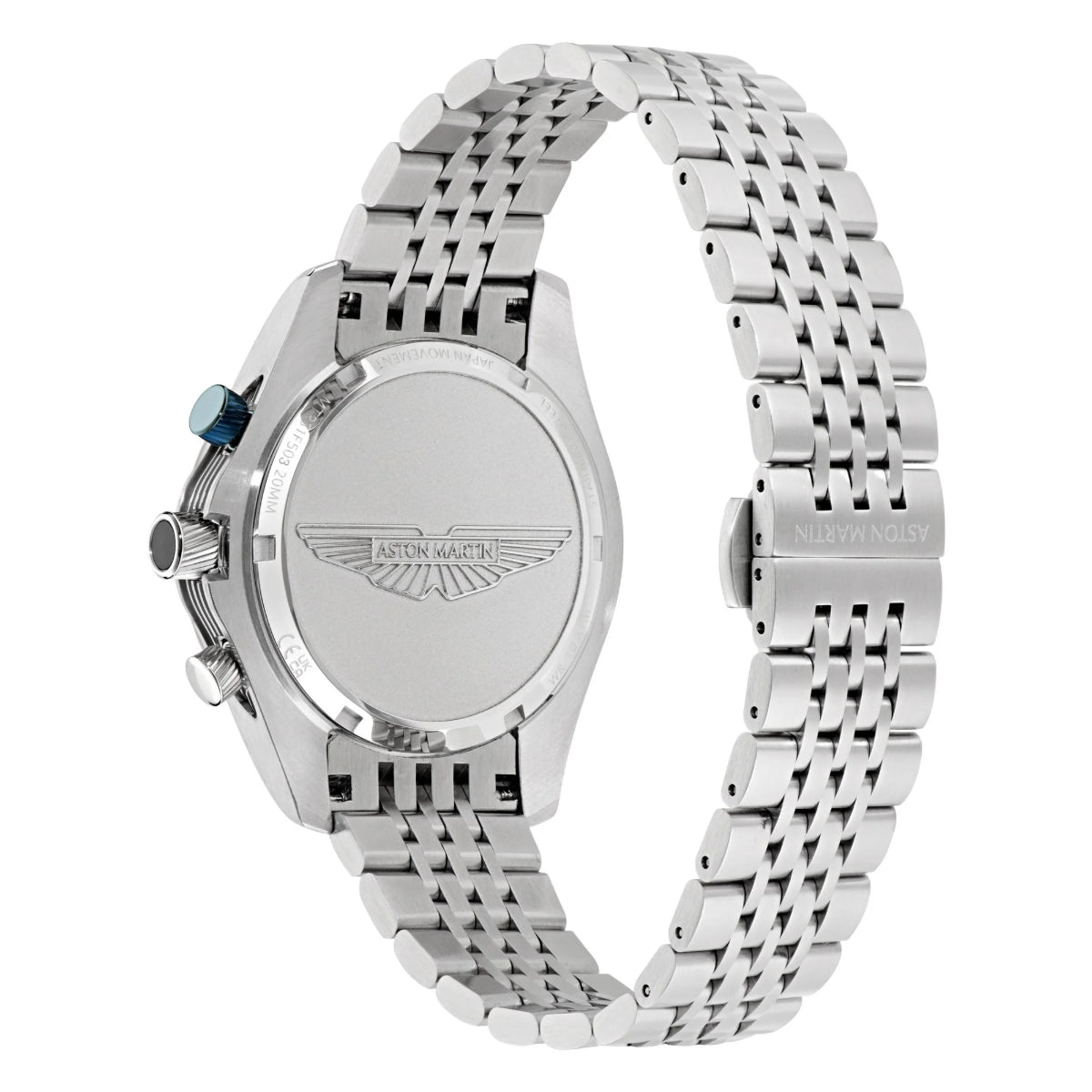 Silver watch with a detailed face and metal band on a white background