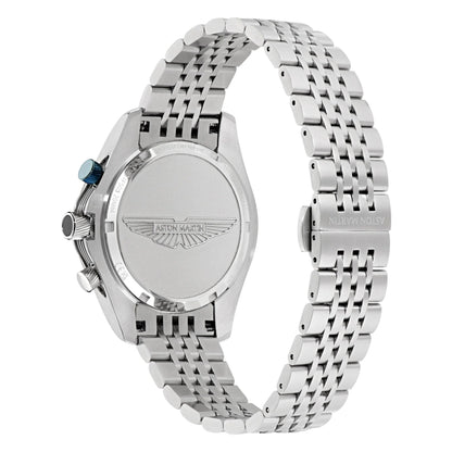 Silver watch with a detailed face and metal band on a white background