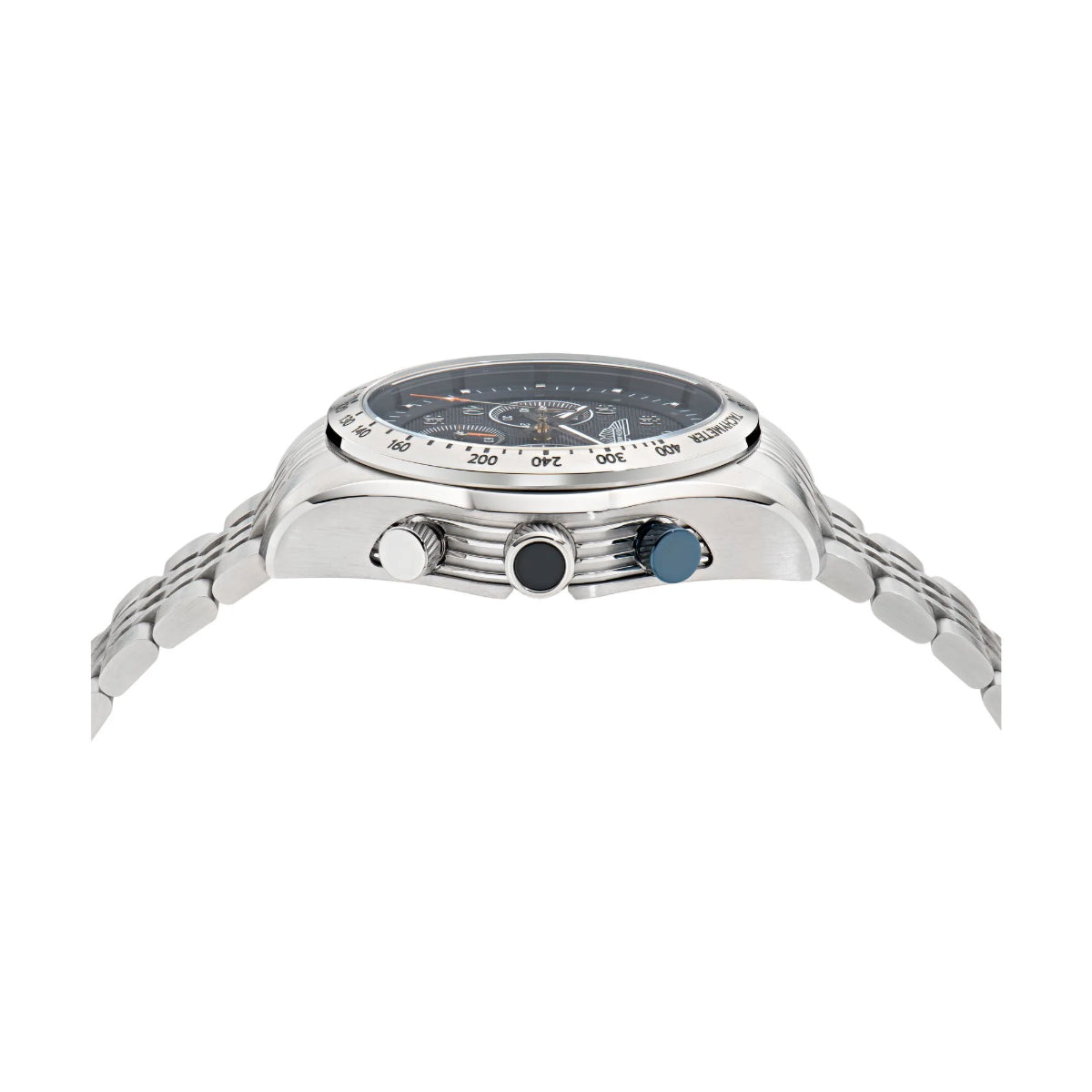 Silver watch with a detailed face on a white background
