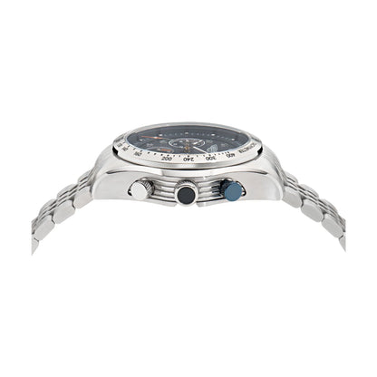 Silver watch with a detailed face on a white background