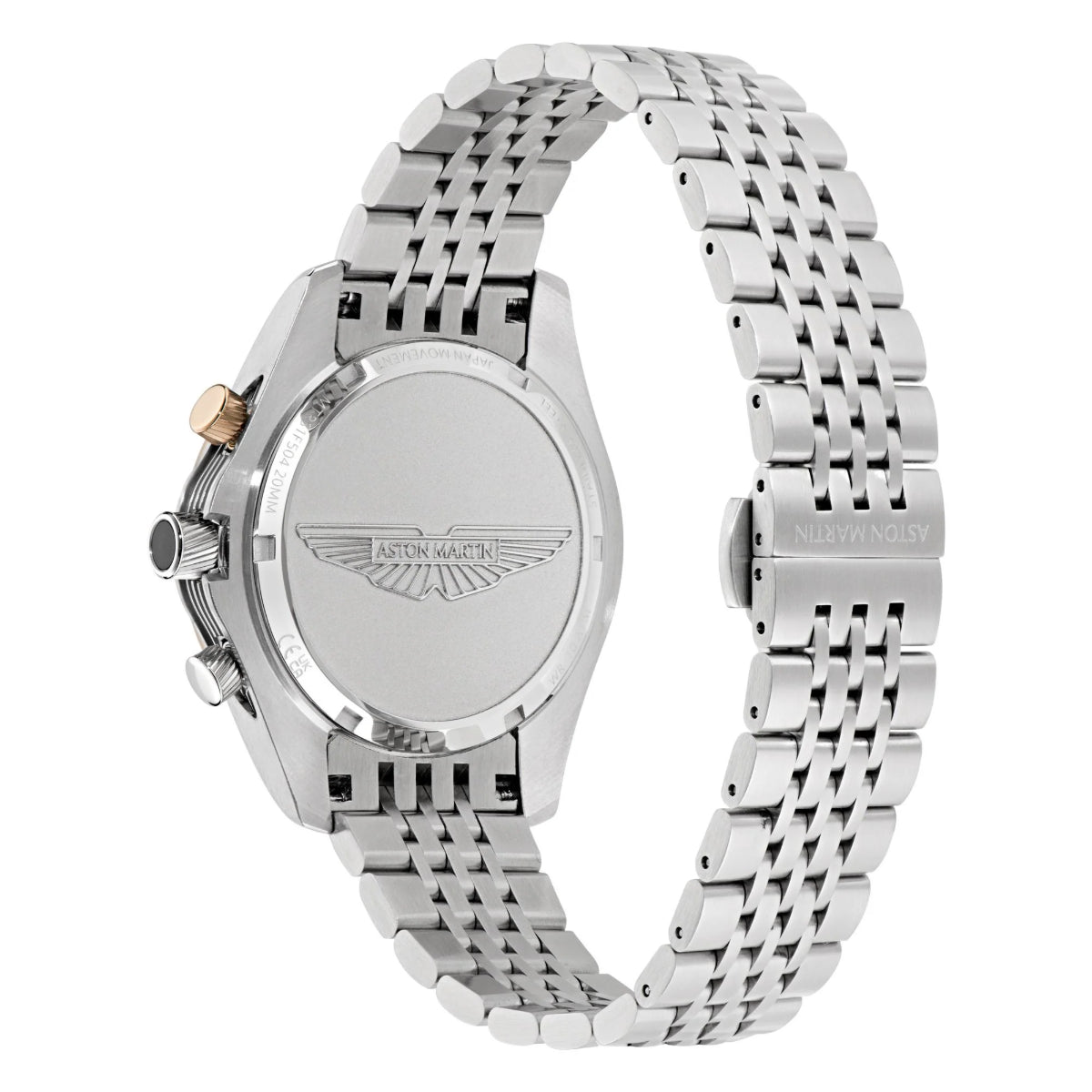 Silver watch with a detailed band on a white background