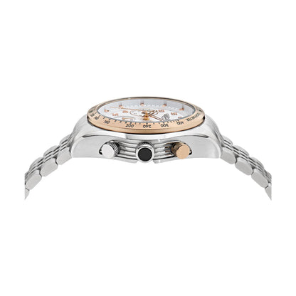 Watch with silver and rose gold design on a white background