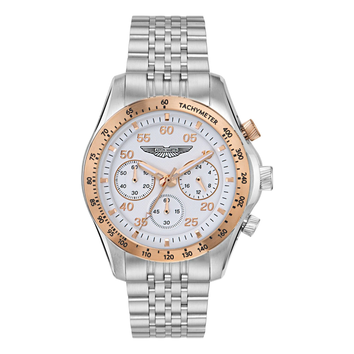 Luxury watch with silver and rose gold design on a white background