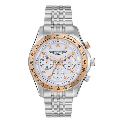 Luxury watch with silver and rose gold design on a white background