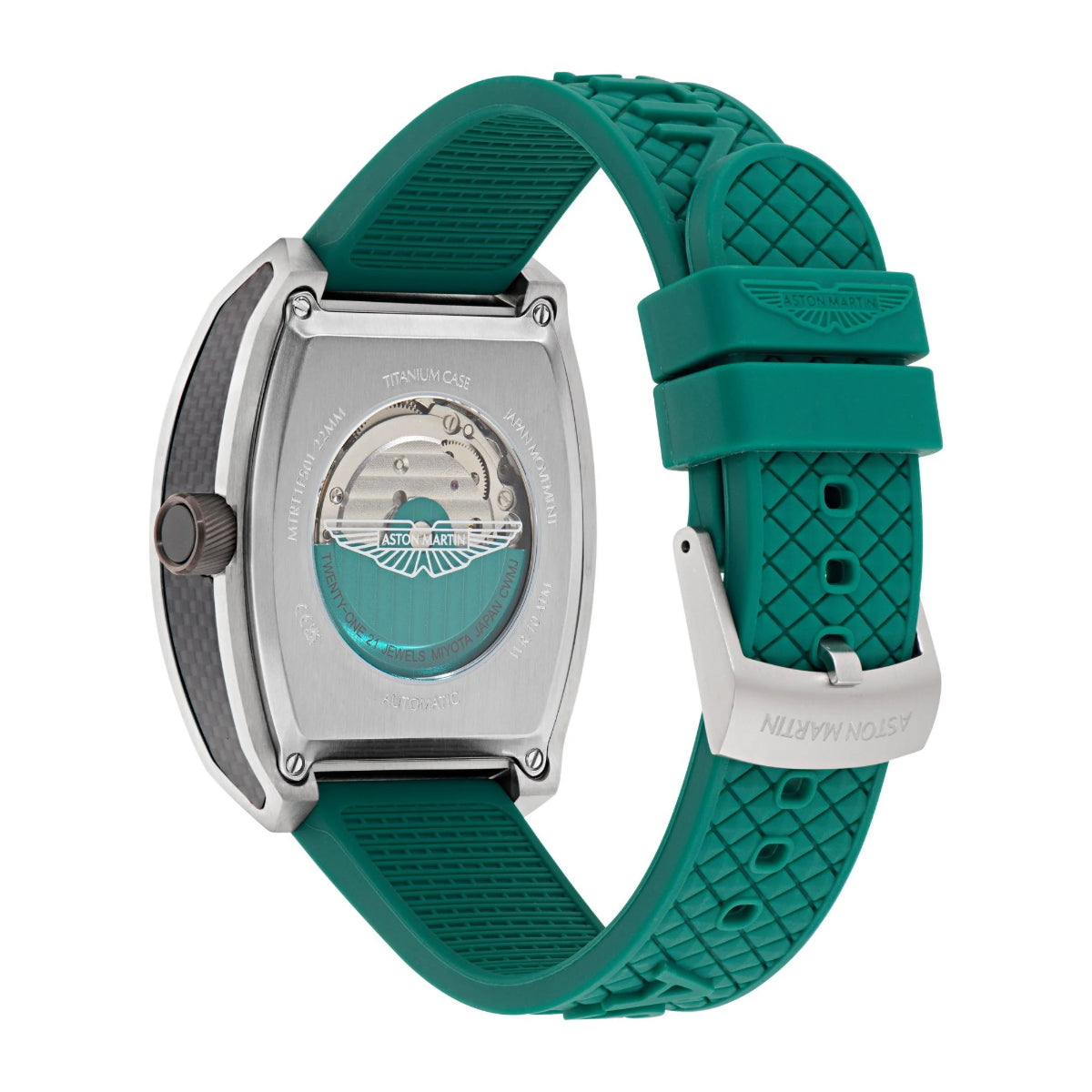 Teal watch with a detailed mechanism on a white background