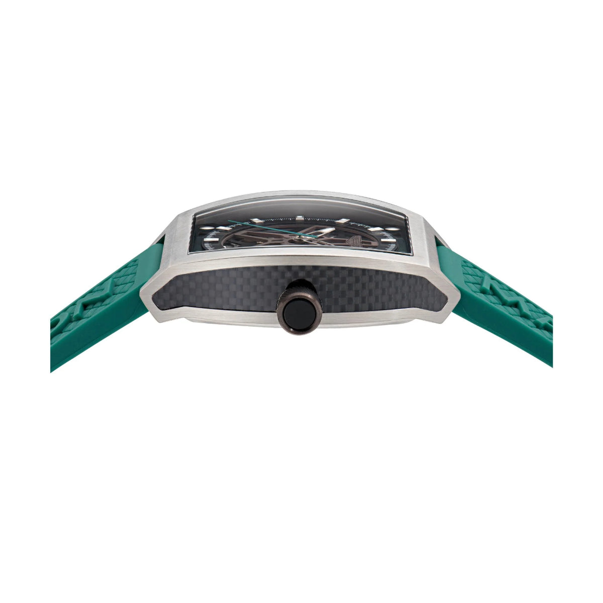 Watch with a green strap and silver case on a white background