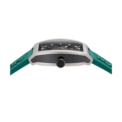 Watch with a green strap and silver case on a white background