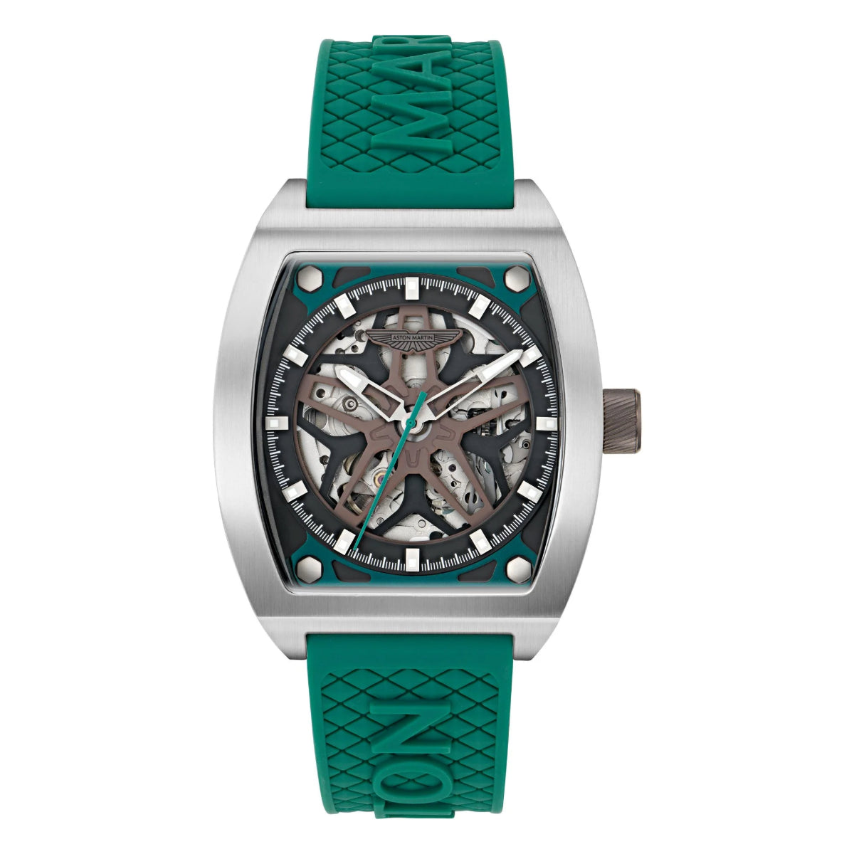 Watch with green strap and visible brand logo on a white background