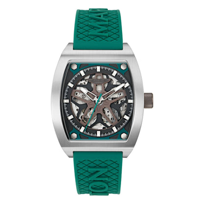 Watch with green strap and visible brand logo on a white background
