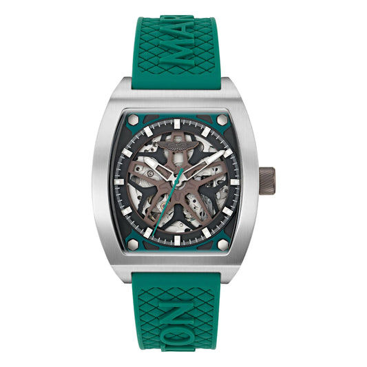 Watch with green strap and visible brand logo on a white background
