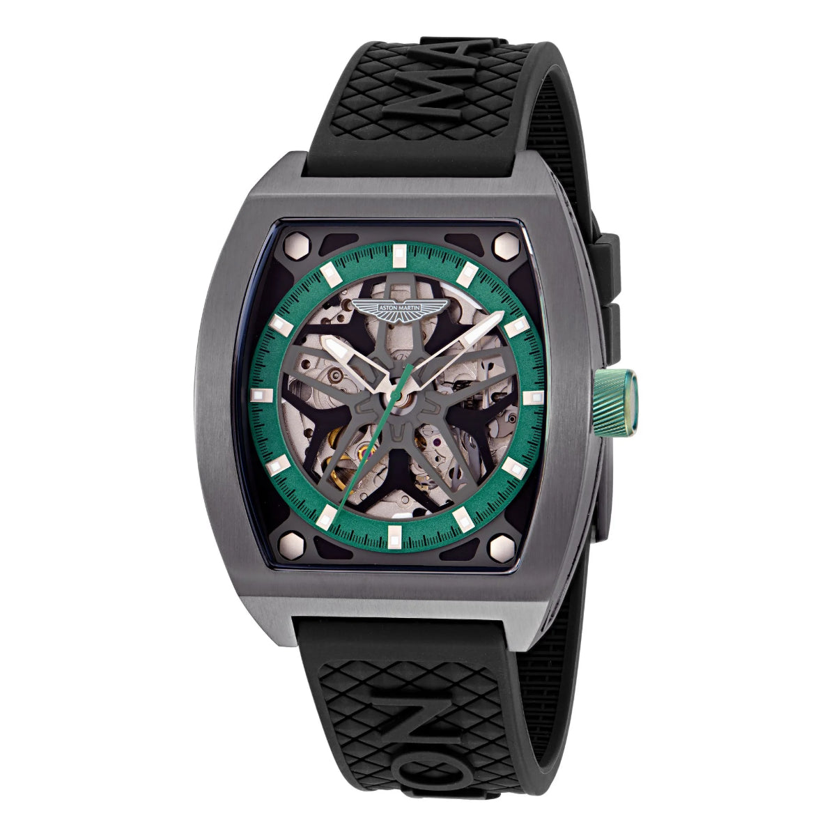 Watch with a black strap and green and silver face on a white background