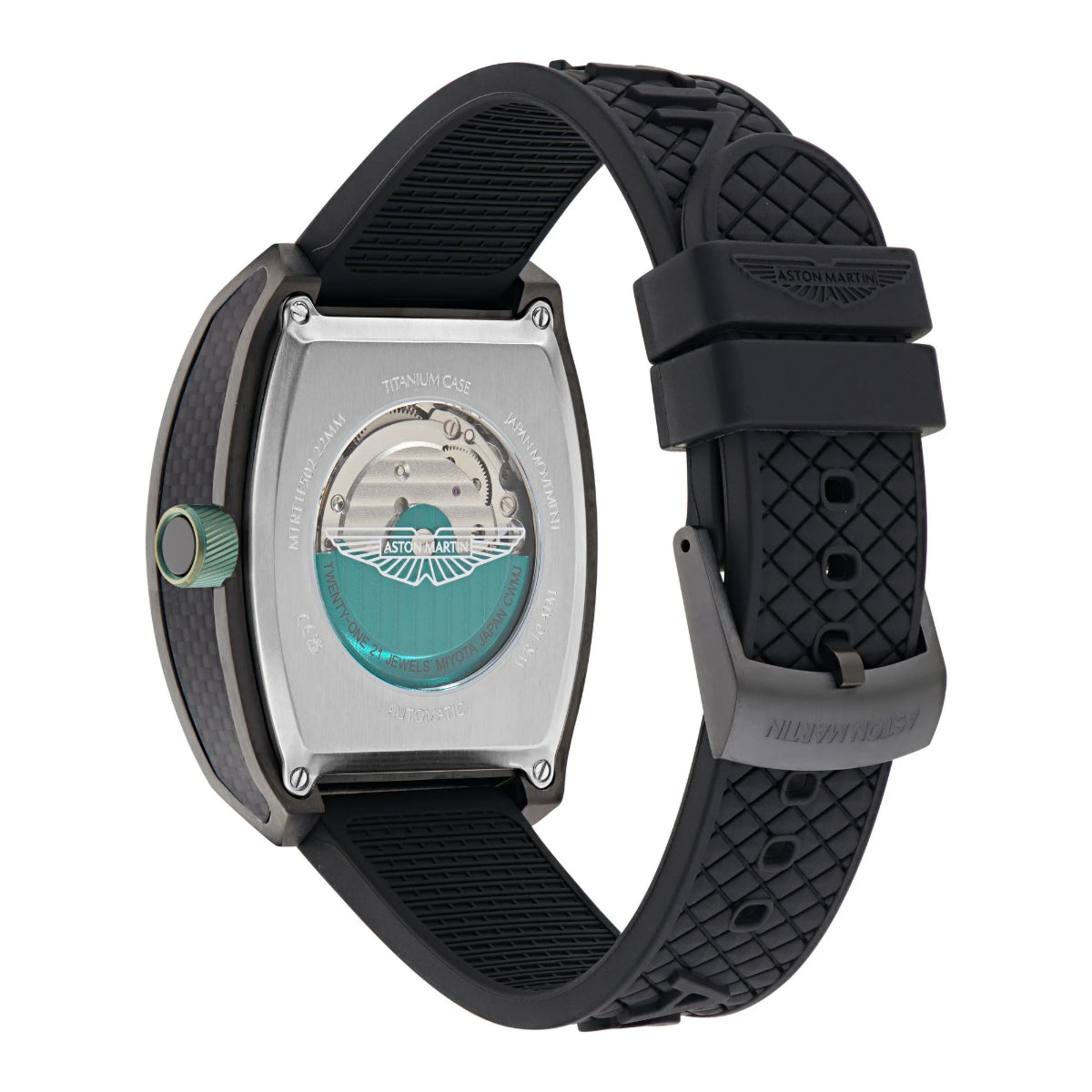 Watch with black strap and visible mechanical components on a white background