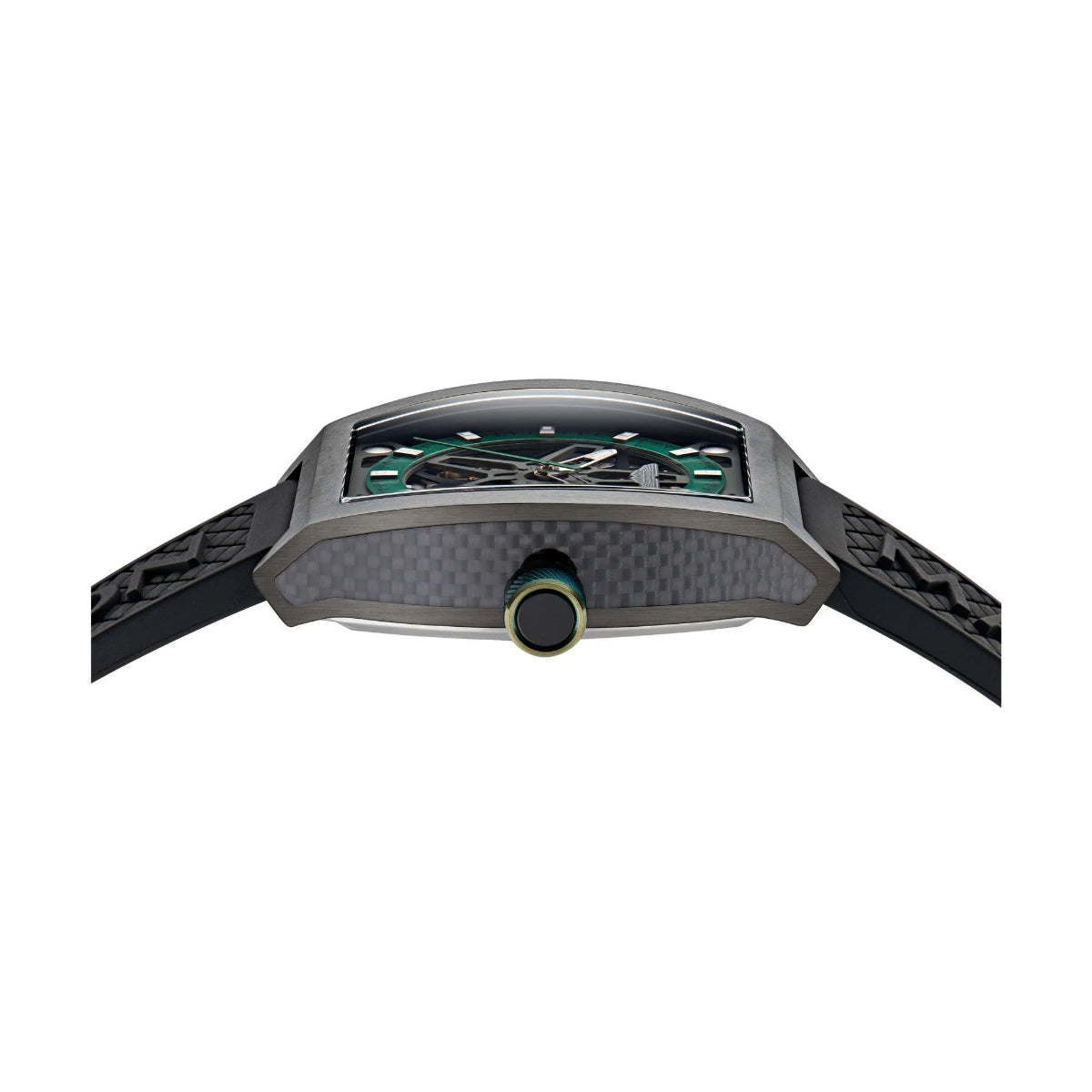 Watch with a black strap and green face on a white background