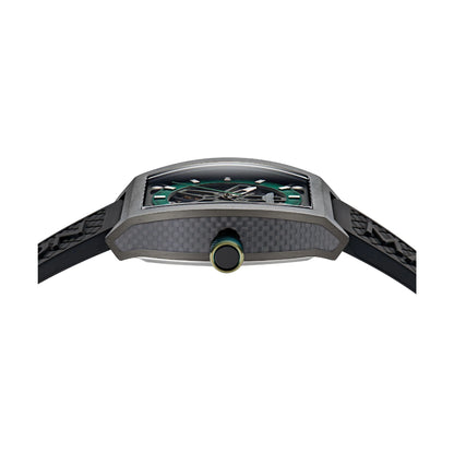 Watch with a black strap and green face on a white background