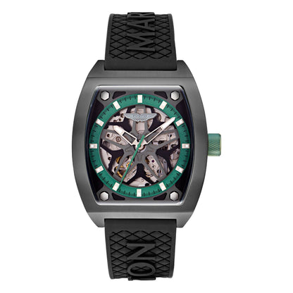Watch with black strap and green detailed face on a white background