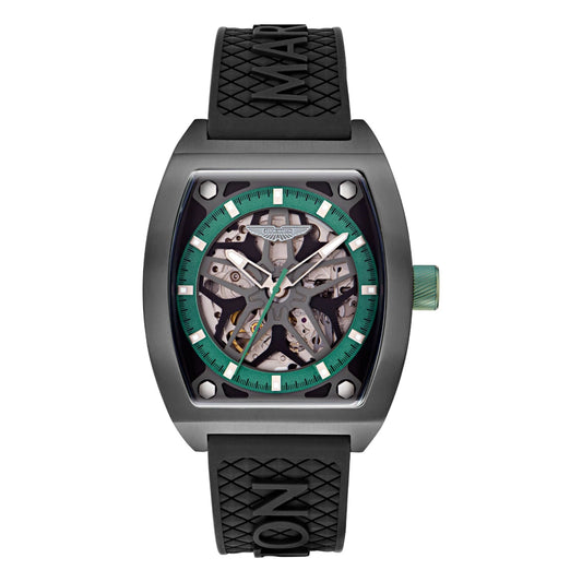 Watch with black strap and green detailed face on a white background