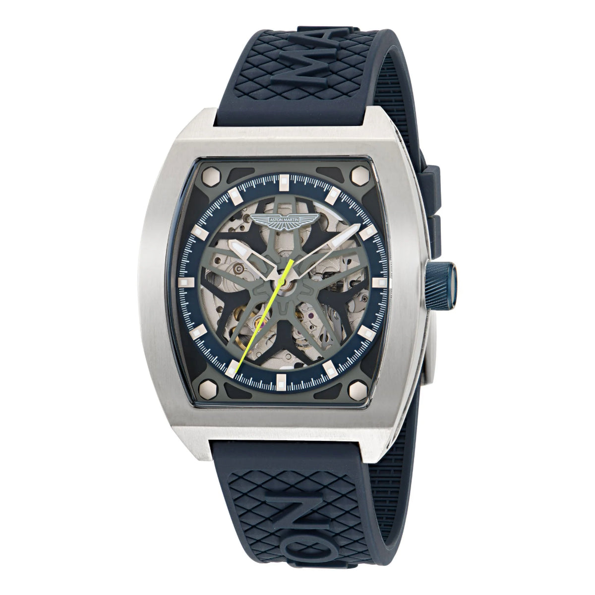 Watch with blue strap and silver case on a white background