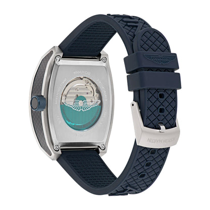 Watch with blue strap and silver case on a white background