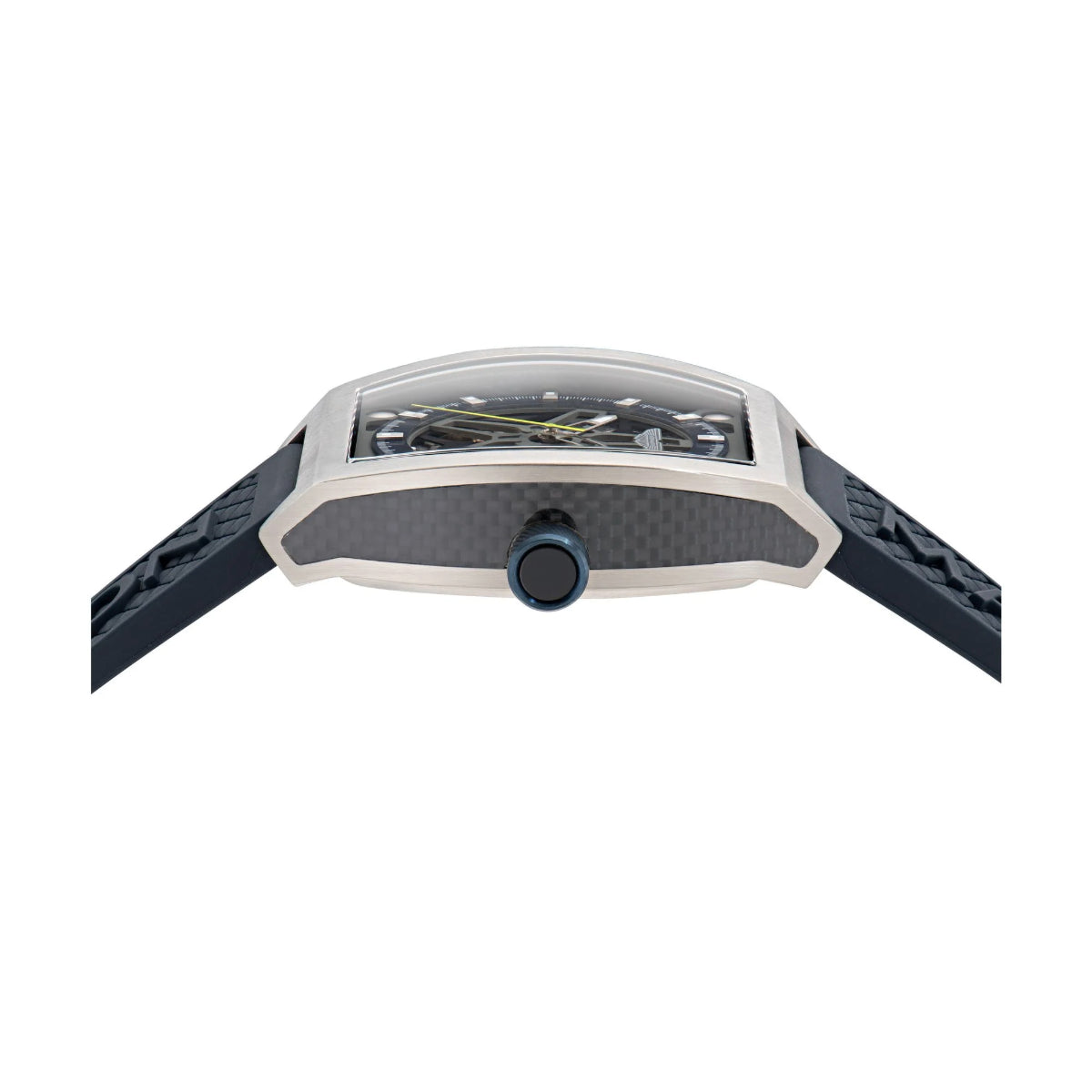 Watch with a black strap and silver case on a white background