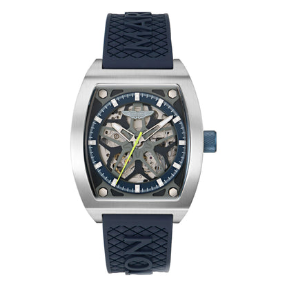 Watch with blue strap and transparent face on a white background