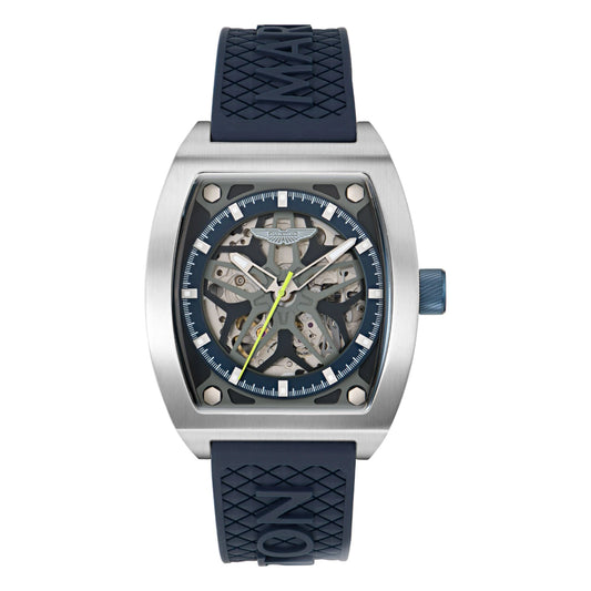 Watch with blue strap and transparent face on a white background