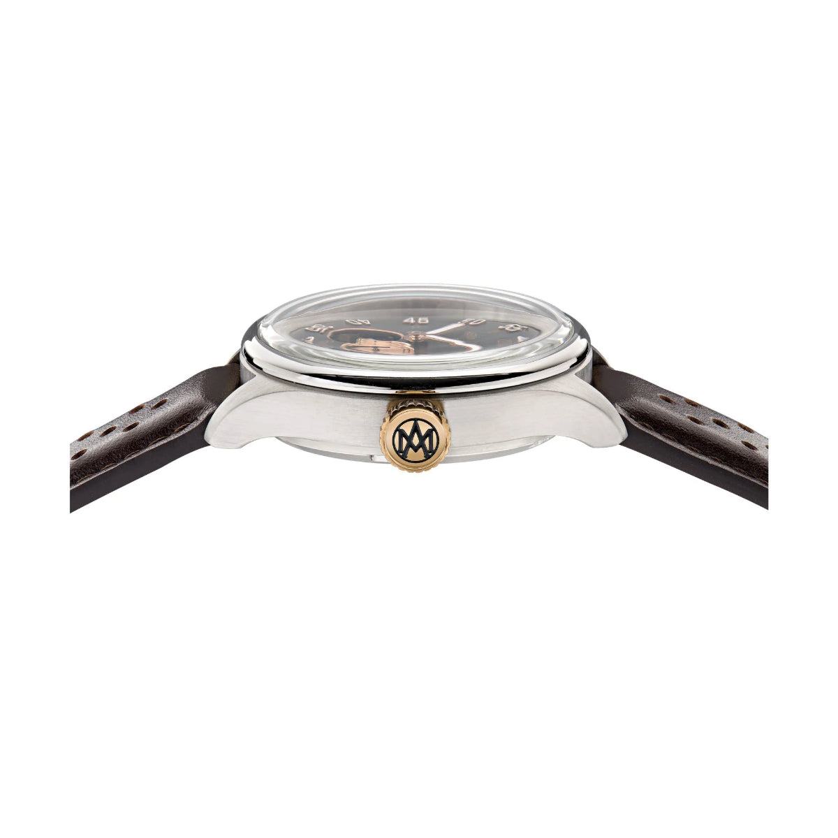 Watch with brown leather strap and silver case on a white background