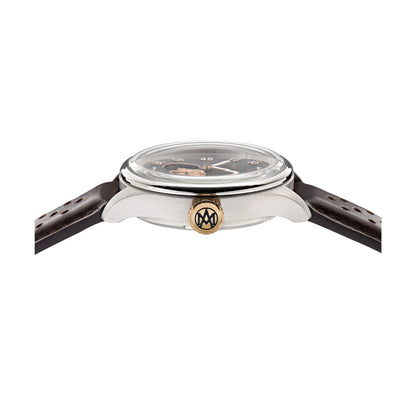 Watch with brown leather strap and silver case on a white background