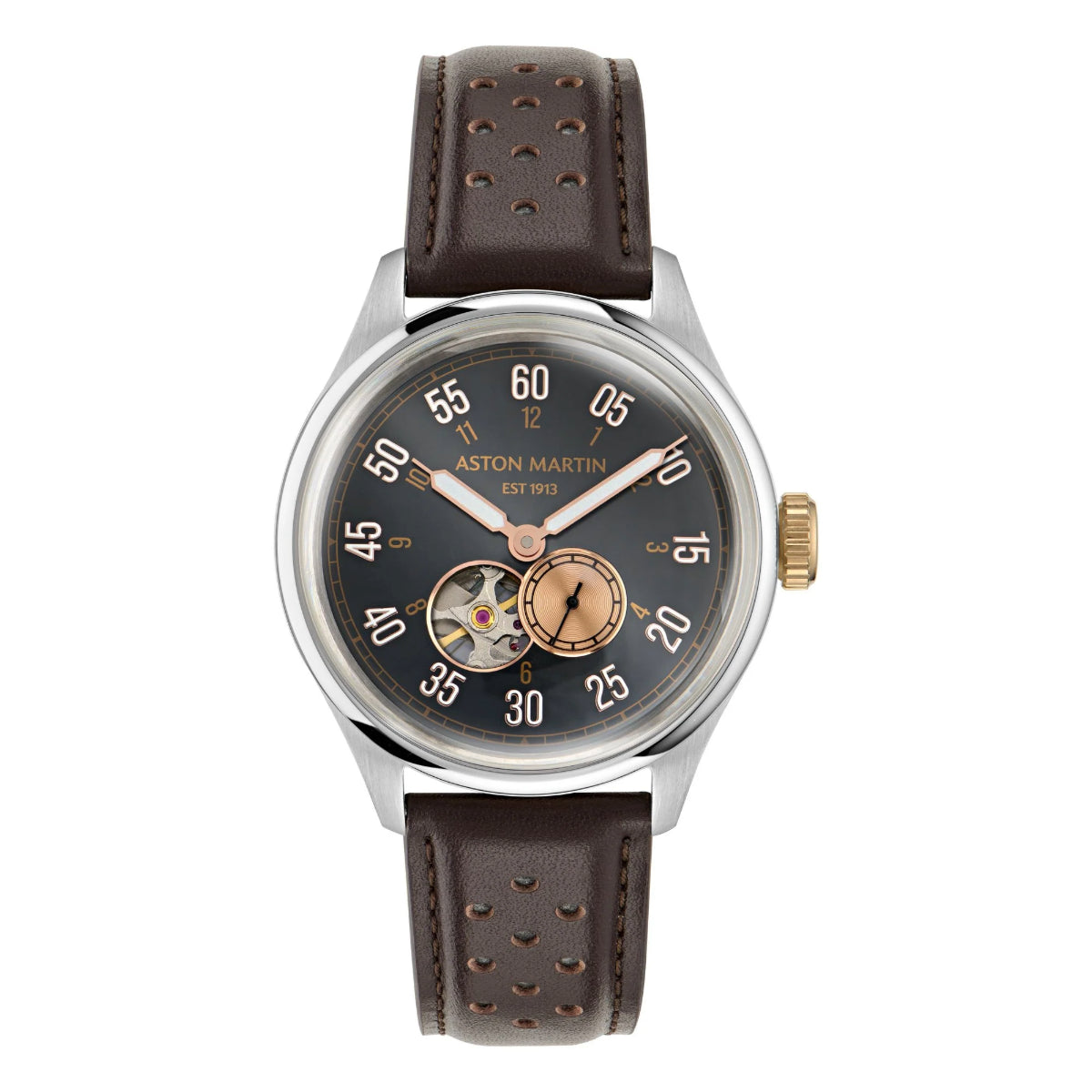 Aston Martin watch with brown leather strap and dark face on white background