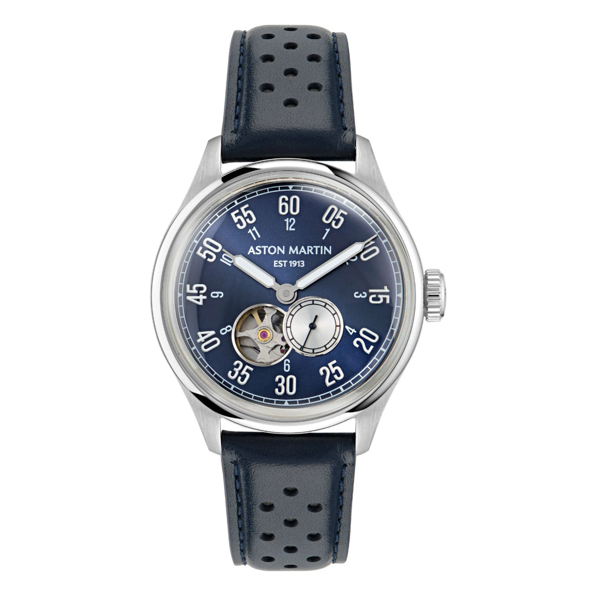 Aston Martin watch with blue dial and navy leather strap on a white background