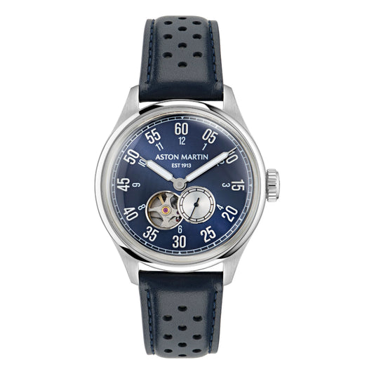 Aston Martin watch with blue dial and navy leather strap on a white background
