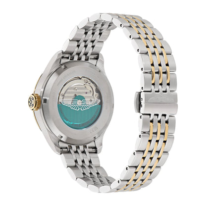 Silver and gold watch with a blue face on a white background