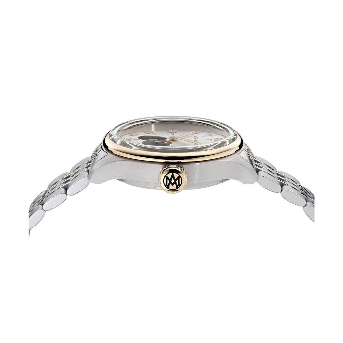 Silver watch with gold accents on a white background