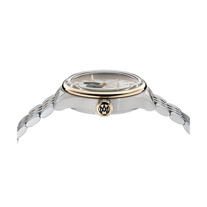 Silver watch with gold accents on a white background