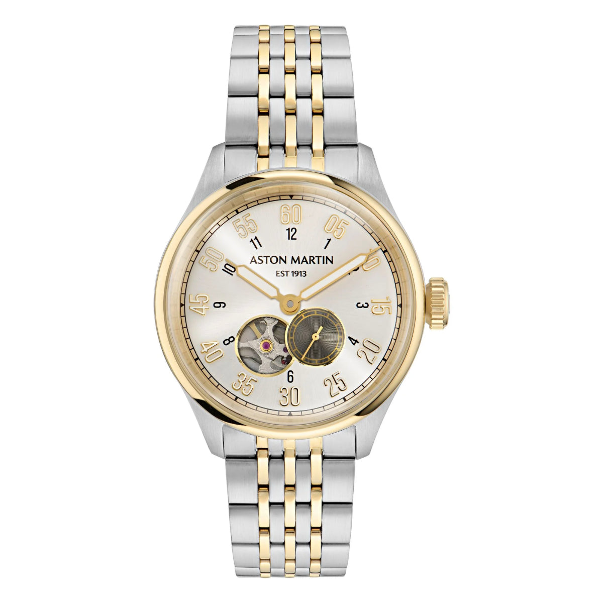 Two-tone watch with gold and silver bracelet on a white background, featuring the Aston Martin logo.