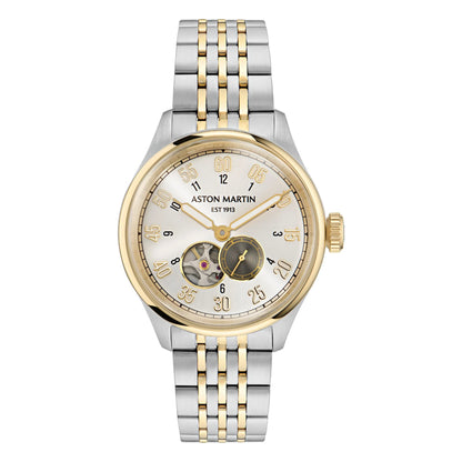 Two-tone watch with gold and silver bracelet on a white background, featuring the Aston Martin logo.
