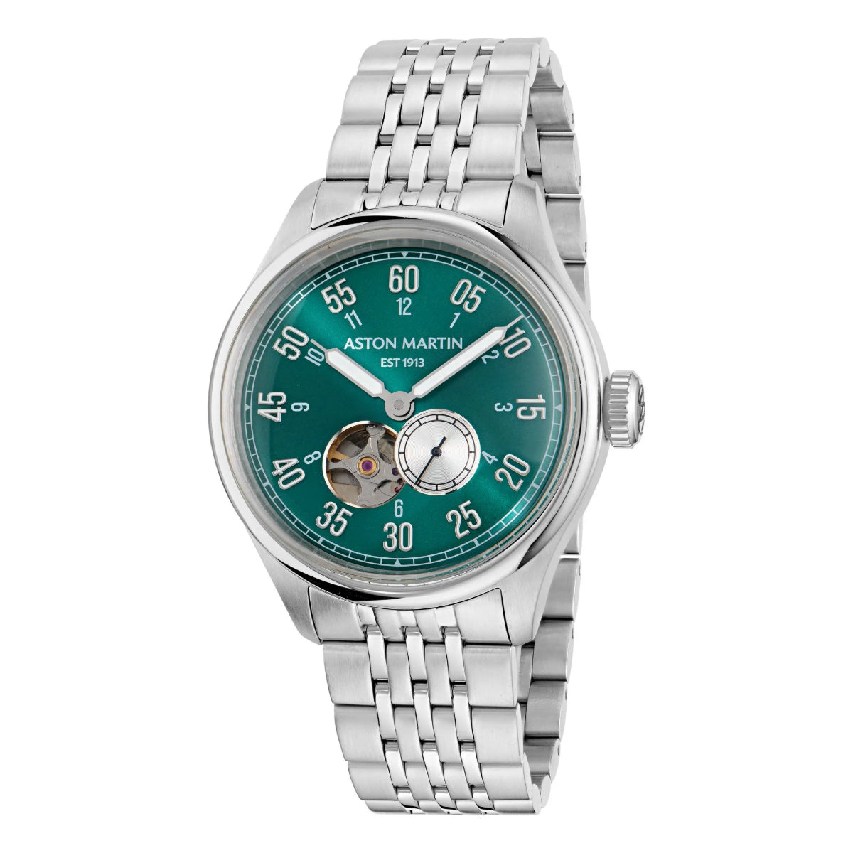 Aston Martin watch with a green face and silver metal strap on a white background