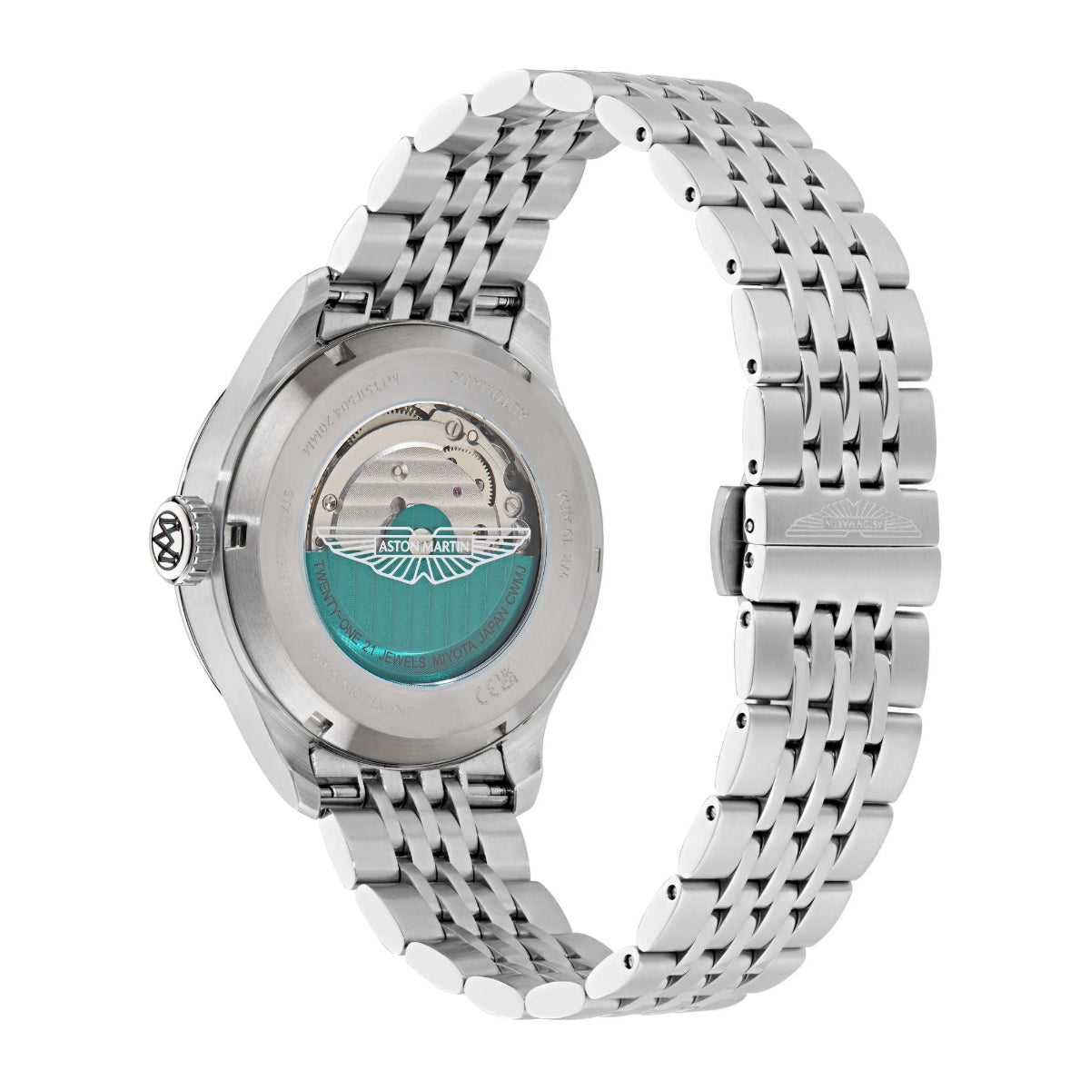 Silver watch with a turquoise face on a white background