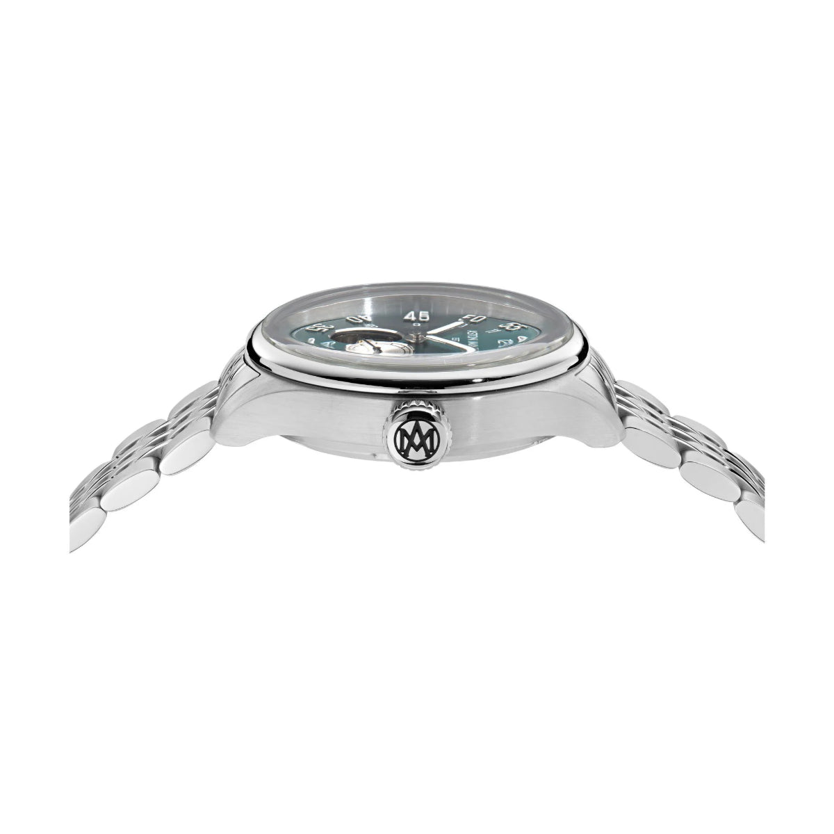Silver watch with a detailed face on a white background