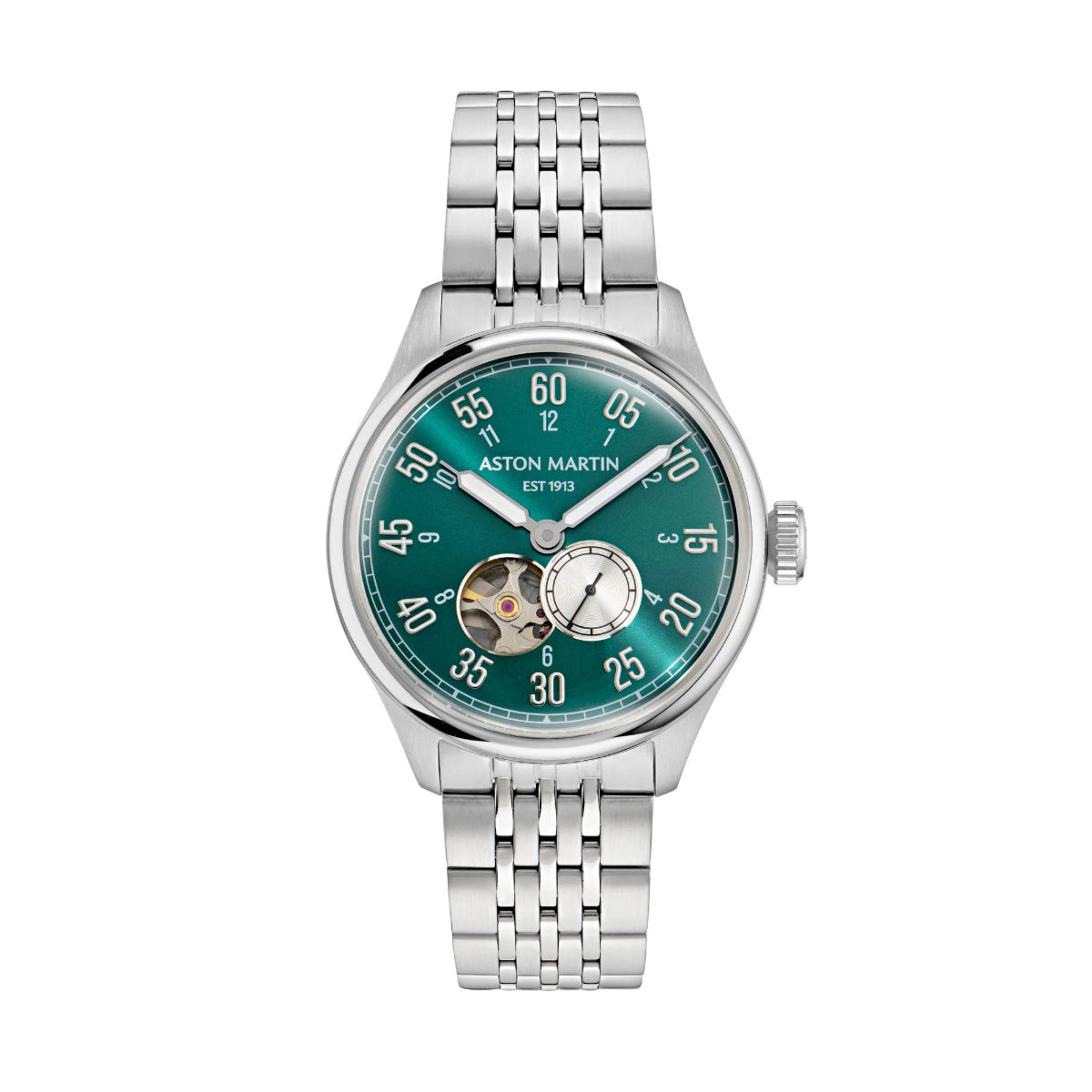 Silver watch with green face on a white background