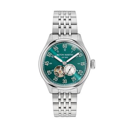 Silver watch with green face on a white background