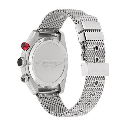 Silver watch with mesh band on a white background