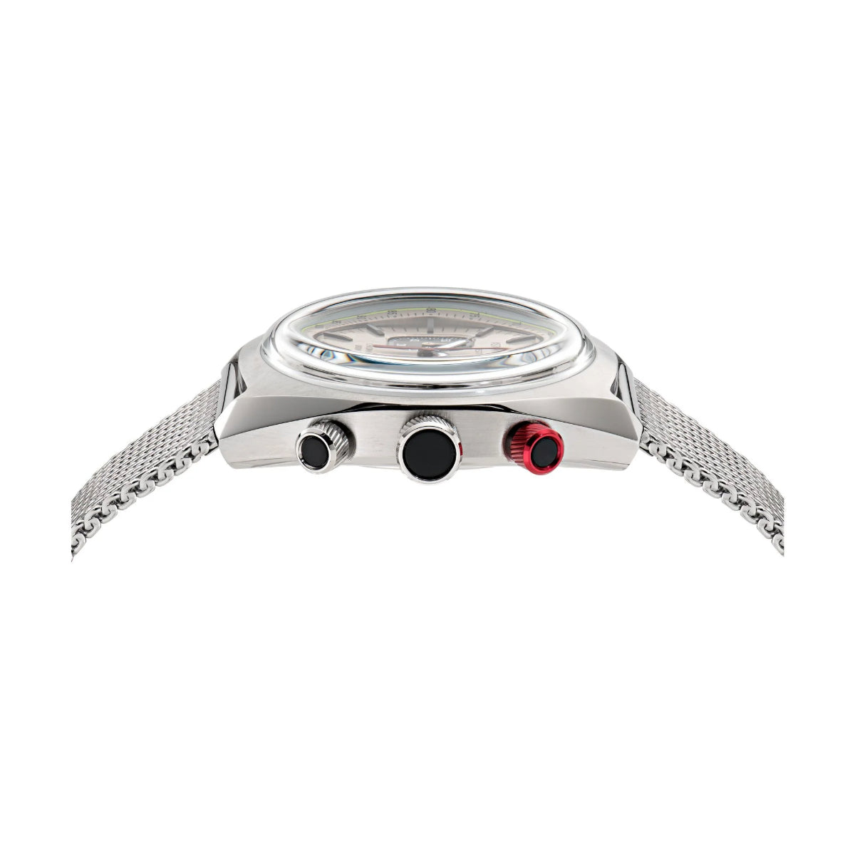 Silver watch with mesh band on a white background