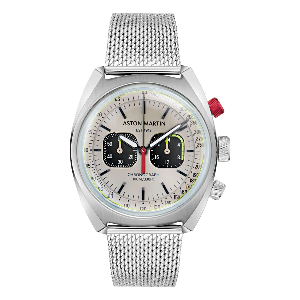 Aston Martin watch with a silver mesh strap on a white background