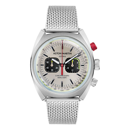 Aston Martin watch with a silver mesh strap on a white background