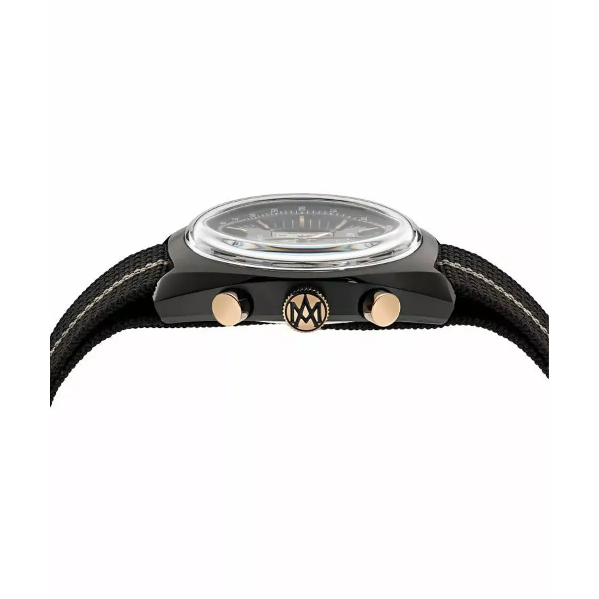 Watch with black strap and gold accents on a white background
