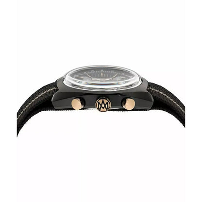 Watch with black strap and gold accents on a white background