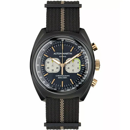 Aston Martin watch with black strap and detailed face on a white background