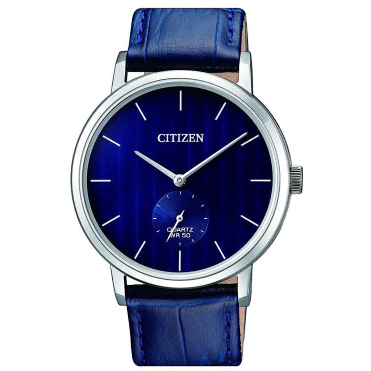 Citizen watch with blue leather strap on a white background